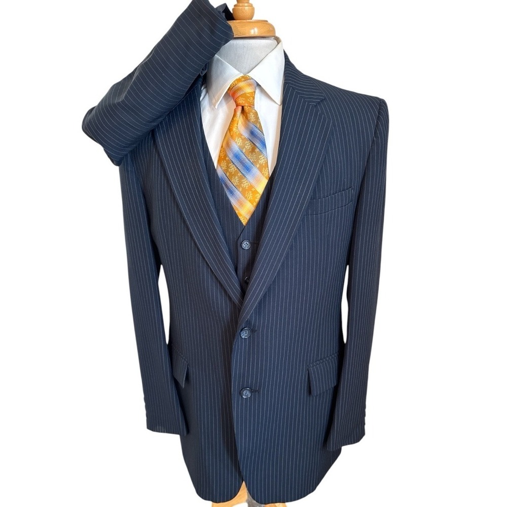 Vintage Rothmoor 3 Piece Suit Sz 40L Pants 34 x 30 + 2" Vest Blue Pin Stripe